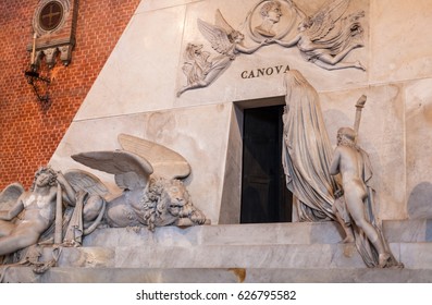 VENICE, ITALY - MARCH 30, 2017: Monument to Antonio Canova in Basilica di santa maria gloriosa dei frari (The Frari). The Church is one of the greatest churches in the city with status minor basilica