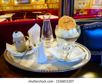 Venice, Italy - May 2018: Cafe Florian / Caffè Florian, Founded In Venice In 1720. It Is The Oldest Café In The World Situated In Saint Mark Square.