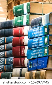 Venice, Italy - May 27, 2012: Pile Of Italian Books In The Book Shop In Venice