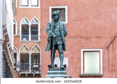 Venice, Italy. Monument sculpture of Carlo Osvaldo Goldoni an Italian playwright & librettist. He wrote famous plays in Italian & French. In this statue he stands/ walks with a cane
