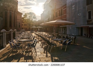 Venice, Italy - October 13, 2021: Empty Outdoor Cafe On The Street In Venice, Italy