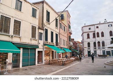 Venice, Italy - October 13, 2021: Empty Outdoor Cafe On The Street In Venice, Italy