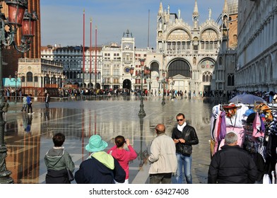 VENICE, ITALY - OCTOBER 20: Venice Sinking Beneath The Sea, Sea Water Floods St Mark's Square:  October 20, 2010 In Venice Italy