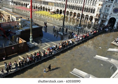 VENICE, ITALY - OCTOBER 20: Venice Sinking Beneath The Sea, Sea Water Floods St Marks Square:  October 20, 2010 In Venice Italy