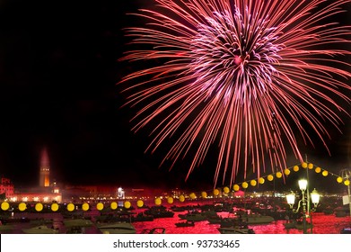 Venice Italy Red Fireworks At Night For Redentore Church Festival