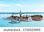 Venice, Italy. San Giorgio Maggiore Island and San Giorgio Maggiore Church aerial view from the bell tower (from the Campanile di San Marco).  
