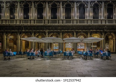 Venice, Italy, Sept. 12, 2020 – Exterior Of Caffè Aurora On St. Mark's Square At Night