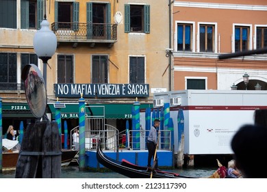 Venice Italy -September 20,2015  A Venice Street Scene With A Sign Showing Some Distain For The Mafia