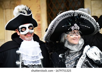 Venice, Italy-February 2020; Close Up A Man And Woman In Traditional Masquerade Ball Costumes For Coming Carnival In Venice