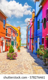 Venice, landmark, Burano island, canal, colorful, houses, italy, with fantastic sky in background