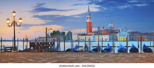 Venice Panorama. Panoramic Image Of Venice During Beautiful Sunrise.