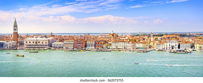 Venice Panoramic Landmark, Aerial View Of Piazza San Marco Or St Mark Square, Campanile And Ducale Or Doge Palace. Italy, Europe.