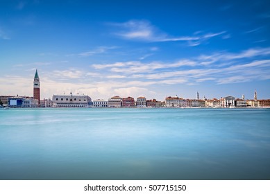 Venice panoramic skyline view of Piazza San Marco or st Mark square, Campanile and Ducale or Doge Palace. Italy, Europe. Long exposure.
