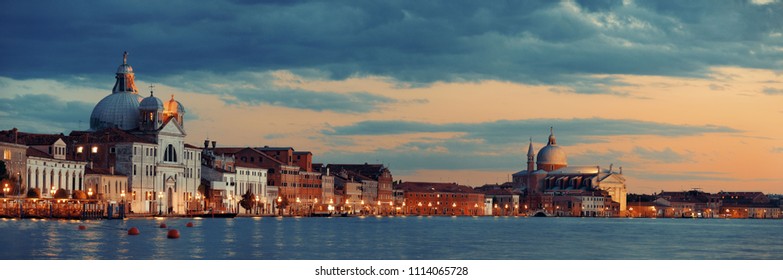 Venice skyline panorama at night with historical architectures in Italy.