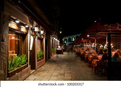 Venice Street To Rialto Bridge At Night, Italy