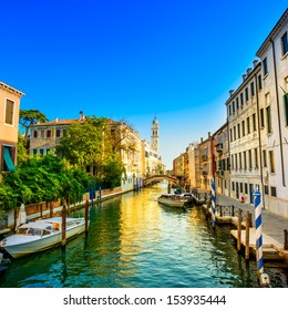 Venice Sunset Cityscape, San Giorgio Dei Greci Water Canal And Church Campanile. Italy, Europe.