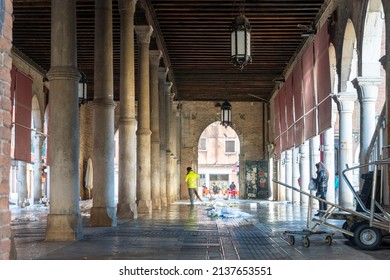 Venice Veneto Italy On January 11, 2022 Rialto Fish Market By Grand Canal.