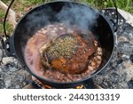 Venison meat cooking in the dutch oven with vegetables.	