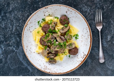 Venison Meatballs With Creamy Mushroom Sauce And Pappardelle Pasta - Overhead View