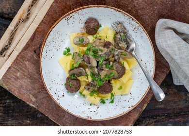 Venison Meatballs With Creamy Mushroom Sauce And Pappardelle Pasta - Overhead View