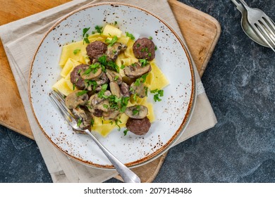 Venison Meatballs With Creamy Mushroom Sauce And Pappardelle Pasta - Overhead View