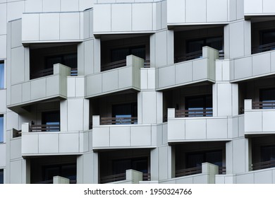 Ventilated Grey Facade. Abstract Architectural Background. Square Geometric Pattern Of Tiles On The Balconies Of An Office Or Residential Building. Conceptual Modern Minimalistic Design, Copy Space