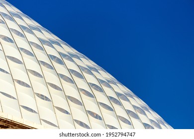 Ventilation panel on the facade of the building. rainscreen. exterior wall. Blue white perforated panels. Metallic modern design 