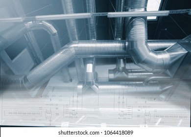 Ventilation pipes and ducts of industrial air condition combined with process Flow Diagram      