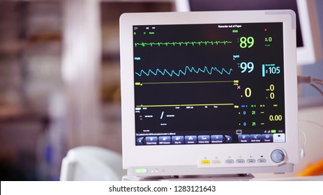 Ventilator monitor vital signs, EKG, ECG, Electrocardiographic selective focus against operating room, emergency room in the hospital, intensive therapy, treatment, critical or care unit, ICU ITU CCU - Shutterstock ID 1283121643