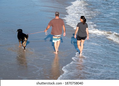 Ventnor City, New Jersey - September,2020: View From Above Of The Back Of A Man And Woman Walking Their Dog Along The Edge Of The Ocean Water On A Sunny Day