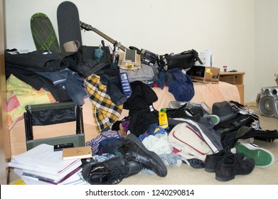 Ventspils, Kurzeme, Latvia - 06.27.2013, Dirty Dorm Room, A Lot Of Stuff In One Pile.