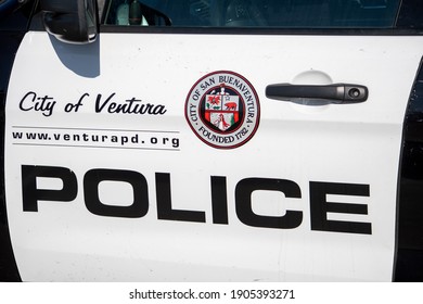 Ventura, California, United States -  August 7, 2020: A City Of Ventura Police Department Logo And City Seal On A Police SUV Door At Ventura Harbor.  The Vehicle Is A Ford Police Interceptor.