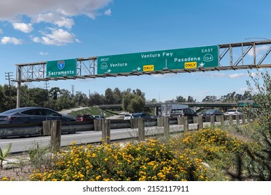 Ventura Freeway interchange sign on Interstate 5 near Griffith Park and Burbank in Los Angeles, California.