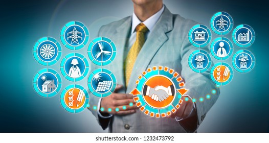 Venture Capitalist Sealing A Deal Between A Utility Company And An ESS Corporate Enterprise. Industry Concept For Partnership Between Energy Storage System Manufacturer And Power Generation Provider.