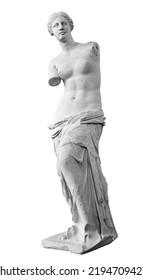 Venus de Milo ancient marble Greek sculpture isolated on white background, black and white fron view picture