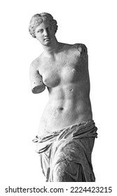 Venus de Milo antique Greek sculpture close up isolated on white background, black and white front view picture