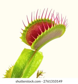 Venus flytrap with open carnivorous leaves and trigger hairs isolated on white background, unique insectivorous plant close-up