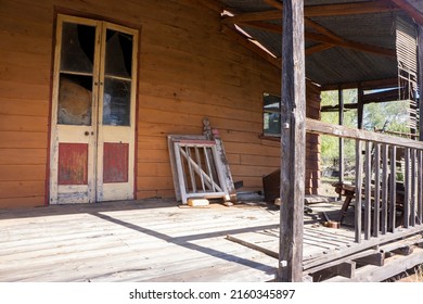 Veranda Of An Old Abandoned Wooden Queenslander House In The Outback Queensland, Australia Now Derelict.