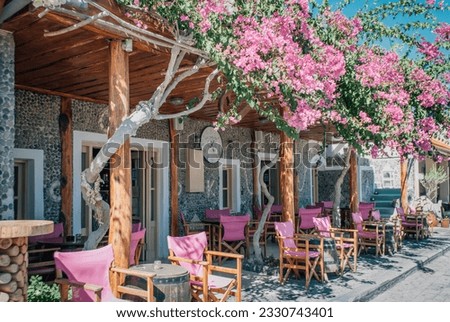 The veranda of the summer cafe with pink armchairs is entwined with pink flowers.