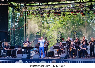 Verdun, Montreal, Quebec, Canada - June 30, 2016: Tribute To Maynard Ferguson. Jazz Public Outdoors Concert In The Park. Musicians Joined Into Band By Jocelyn Couture.