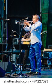 Verdun,Montreal, Quebec, Canada - June 30, 2016: Tribute To Maynard Ferguson. Free Public Jazz Concert In The Park. Lead Trumpeter Jocelyn Couture. Evening.