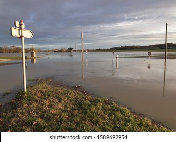 Verfeil, France, 12/14/2019: Flood In South Of France, River Overflowed, Road Blocked, Flooded Fields