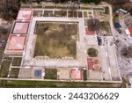 Vergina, Greece -January 5, 2024: An aerial view of the Palace of Aigai following 16 years of restoration. The palace is where Alexander the Great was crowned king of the Macedonians