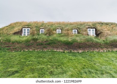 VERMAHLID, ICELAND - AUGUST 2018: Traditional Icelandic Turf Houses Houses With Grass On Roof In Glaumbaer Folk Heritage Museum.