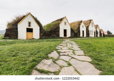 VERMAHLID, ICELAND - AUGUST 2018: Traditional Icelandic Turf Houses Houses With Grass On Roof In Glaumbaer Folk Heritage Museum.