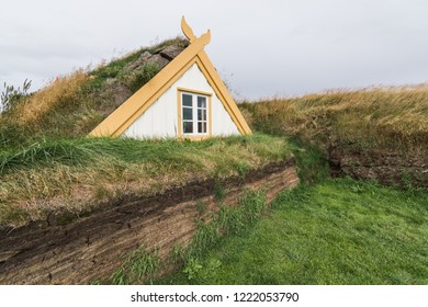 VERMAHLID, ICELAND - AUGUST 2018: Traditional Icelandic Turf House With Grass On Roof In Glaumbaer Folk Heritage Museum.