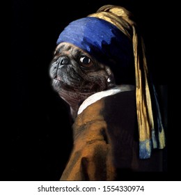 Vermeer spoof  of "Girl with a Pearl Earring" now, "Pug with a Pearl Earring" using my daughter's pug dog photo morphed into the correct position for a similar portrait.