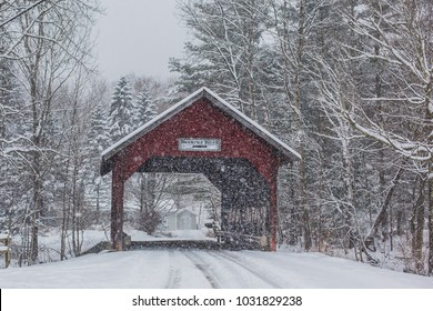 A Vermont Covered Bridge In The Middle Of A Snow Storm.