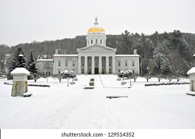 The Vermont Statehouse In February, Surrounded By Snow.