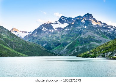 Vermunt Reservoir In Mountains. Austrian Alps Travel Background